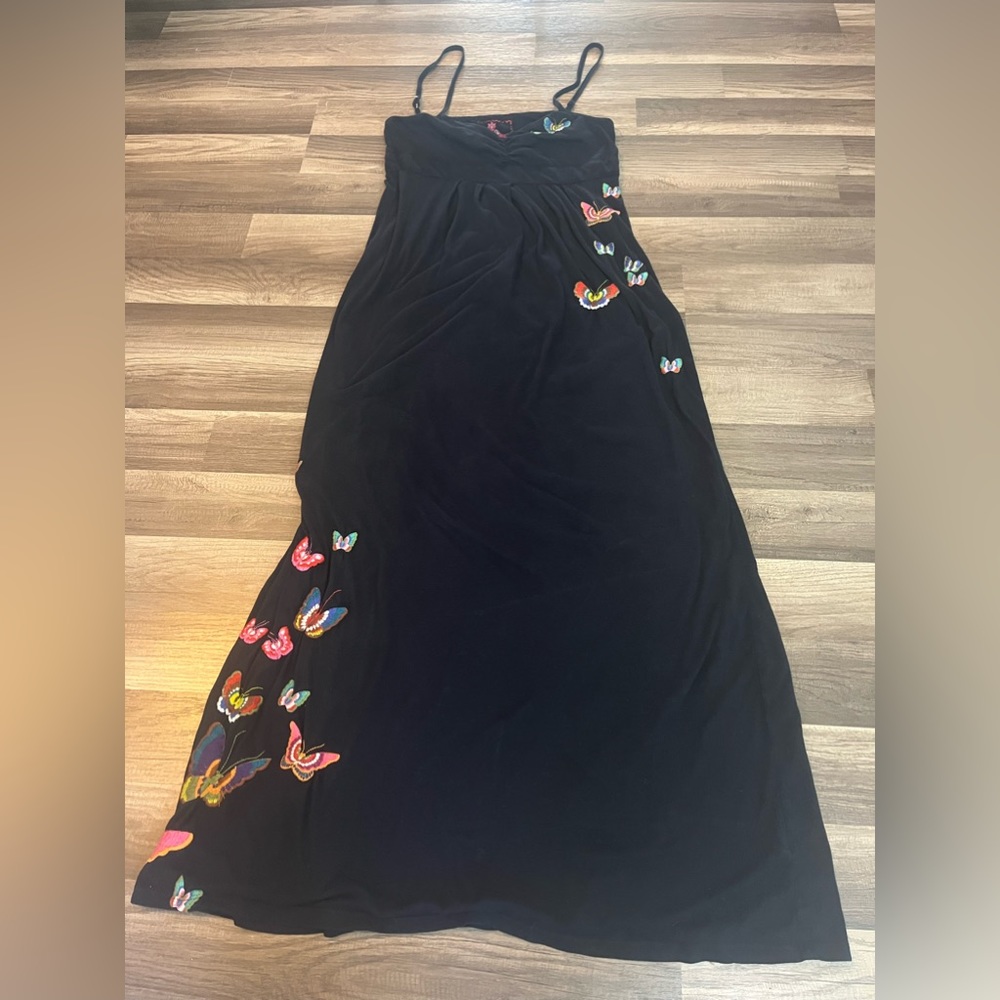 Johnny Was Black Maxi Dress with Colorful Butterfly Accents